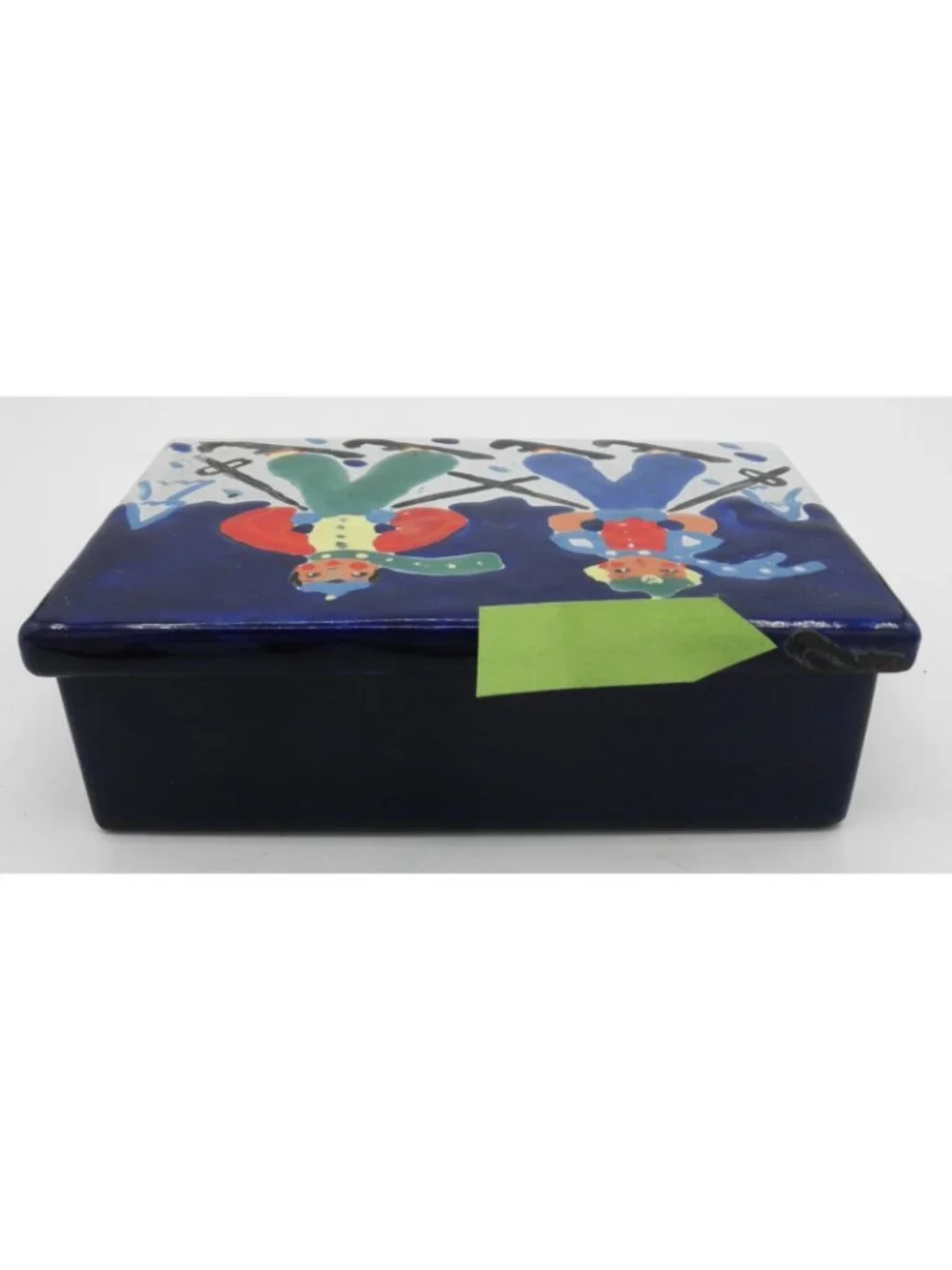 VTG Rectangular Enamel Over Metal Trinket Dresser Box Skiers FLAW CHIPPED ENAMEL